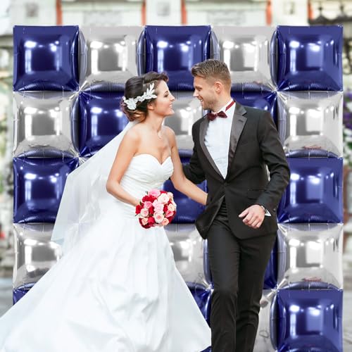 NISOCY 25-Pack Navy Blue & Silver Square Foil Balloons for Party Decorations