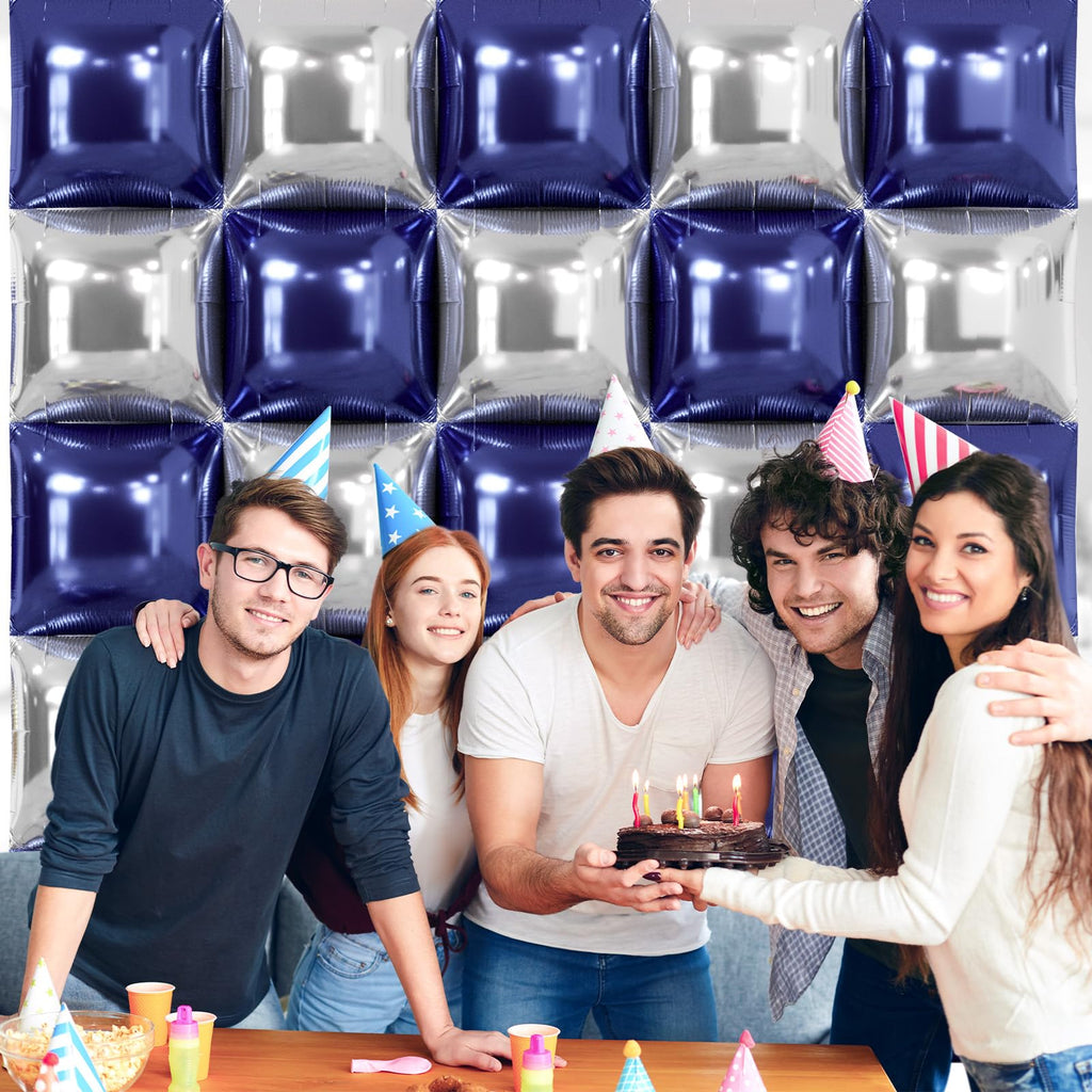 NISOCY 25-Pack Navy Blue & Silver Square Foil Balloons for Party Decorations