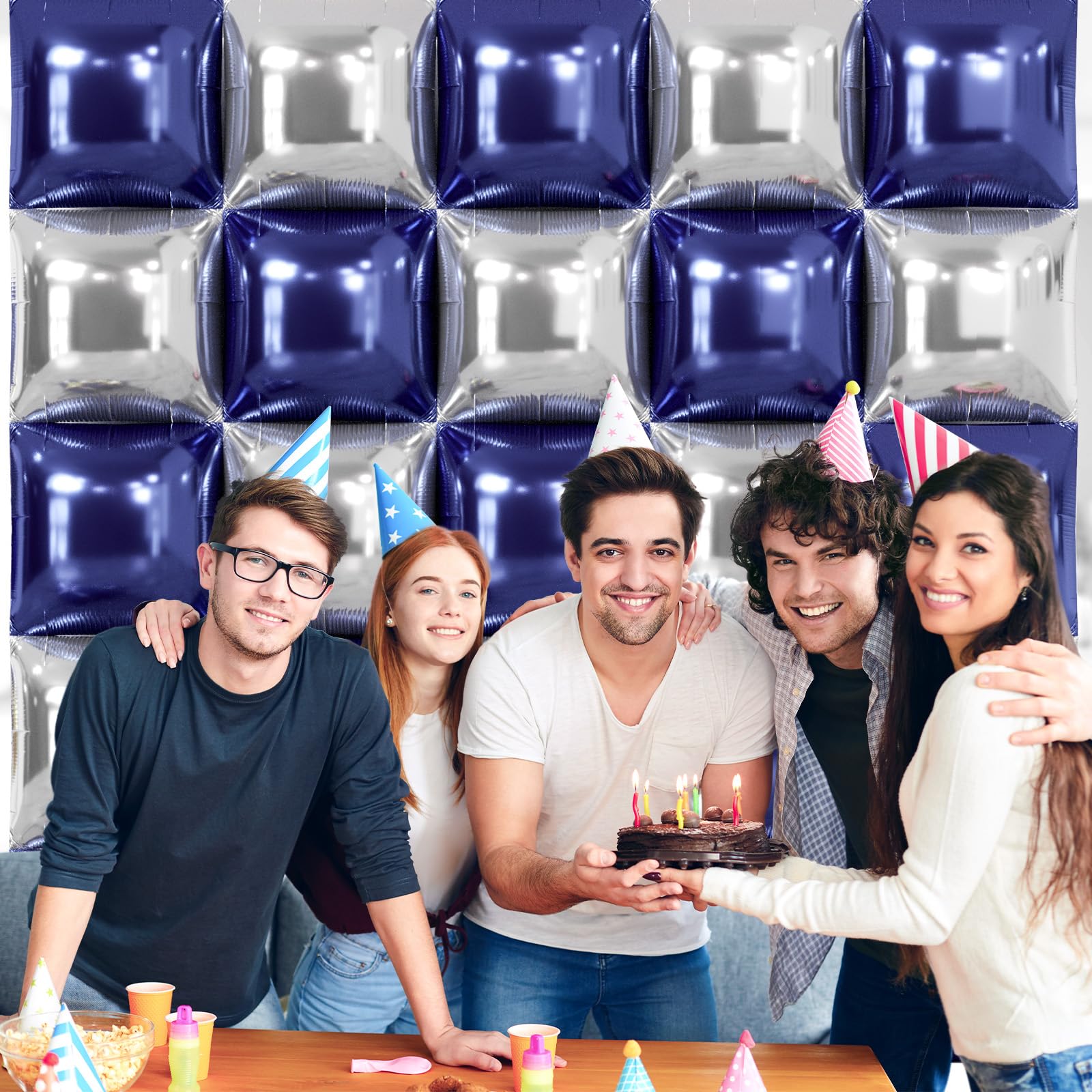 NISOCY 25-Pack Navy Blue & Silver Square Foil Balloons for Party Decorations