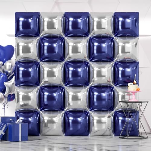 NISOCY 25-Pack Navy Blue & Silver Square Foil Balloons for Party Decorations