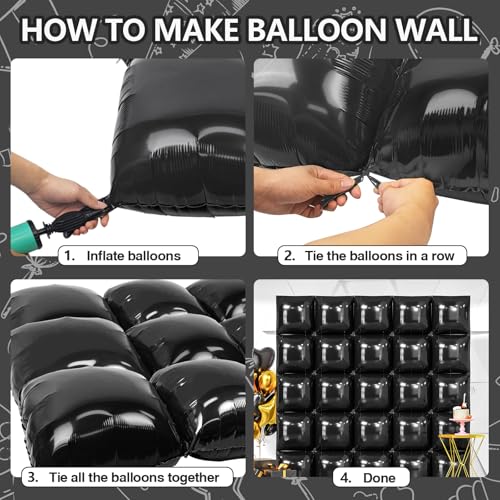 NISOCY 25-Piece Black Square Foil Balloon Wall Kit – Metallic Double-Sided Party Backdrop for New Year, Birthday, Baby Shower & Graduation