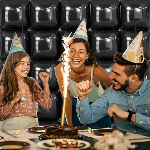 NISOCY 25-Piece Black Square Foil Balloon Wall Kit – Metallic Double-Sided Party Backdrop for New Year, Birthday, Baby Shower & Graduation
