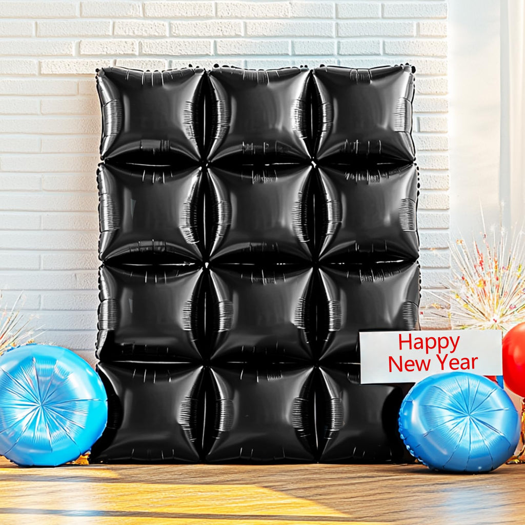 NISOCY 25-Piece Black Square Foil Balloon Wall Kit – Metallic Double-Sided Party Backdrop for New Year, Birthday, Baby Shower & Graduation