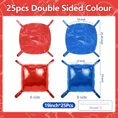 NISOCY 25 Red and Deep Blue Square Foil Balloons, 19x19 inches, Double-Sided Party Decor Kit