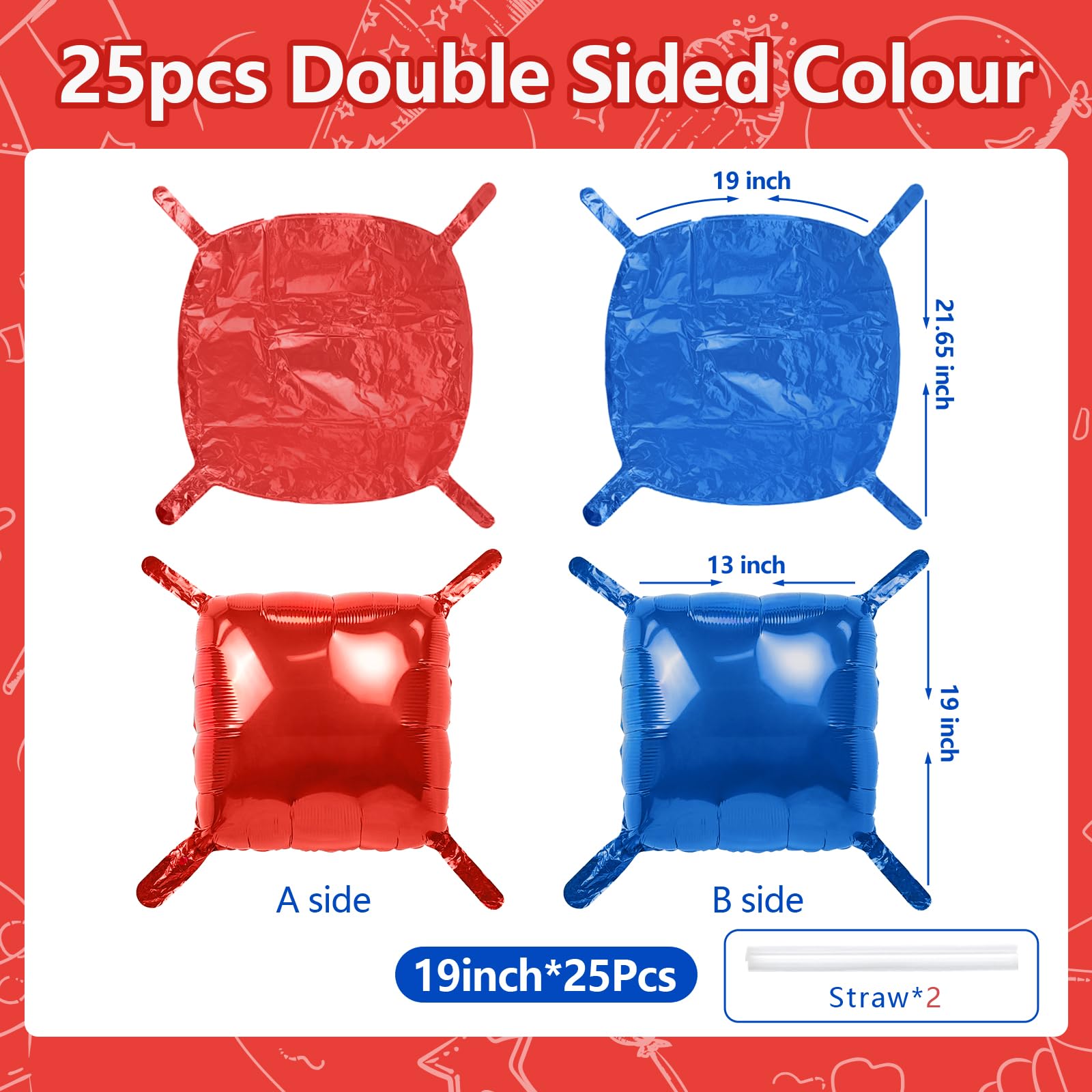 NISOCY 25 Red and Deep Blue Square Foil Balloons, 19x19 inches, Double-Sided Party Decor Kit