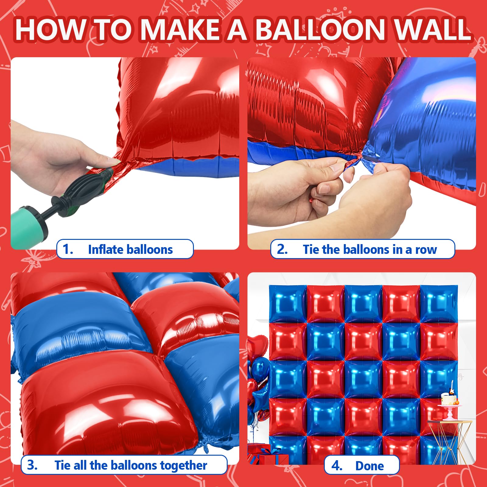 NISOCY 25 Red and Deep Blue Square Foil Balloons, 19x19 inches, Double-Sided Party Decor Kit