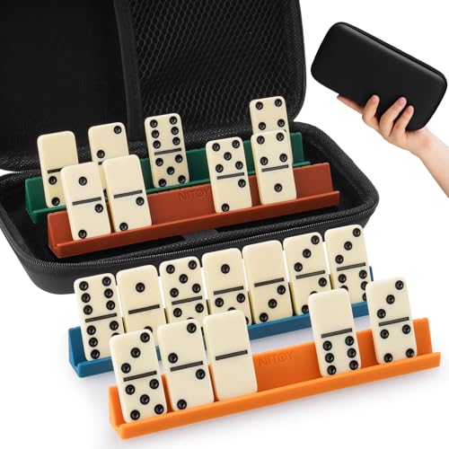 NiToy Double 6 Dominoes Set with 28 Tiles and Silicone Racks - Portable Travel Case
