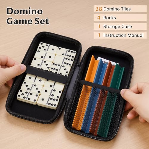 NiToy Double 6 Dominoes Set with 28 Tiles and Silicone Racks - Portable Travel Case