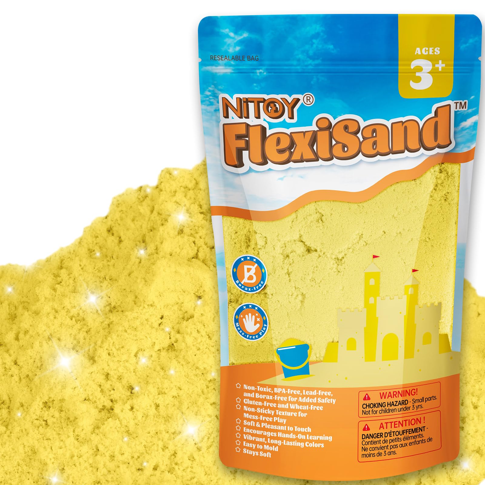 NiToy FlexiSand 2.2 lbs Yellow Play Sand – Non-Toxic, Never Dries Out, Molding & Sensory Fun for Kids Ages 3+