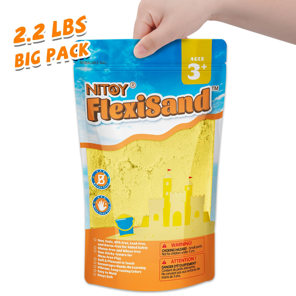 NiToy FlexiSand 2.2 lbs Yellow Play Sand – Non-Toxic, Never Dries Out, Molding & Sensory Fun for Kids Ages 3+
