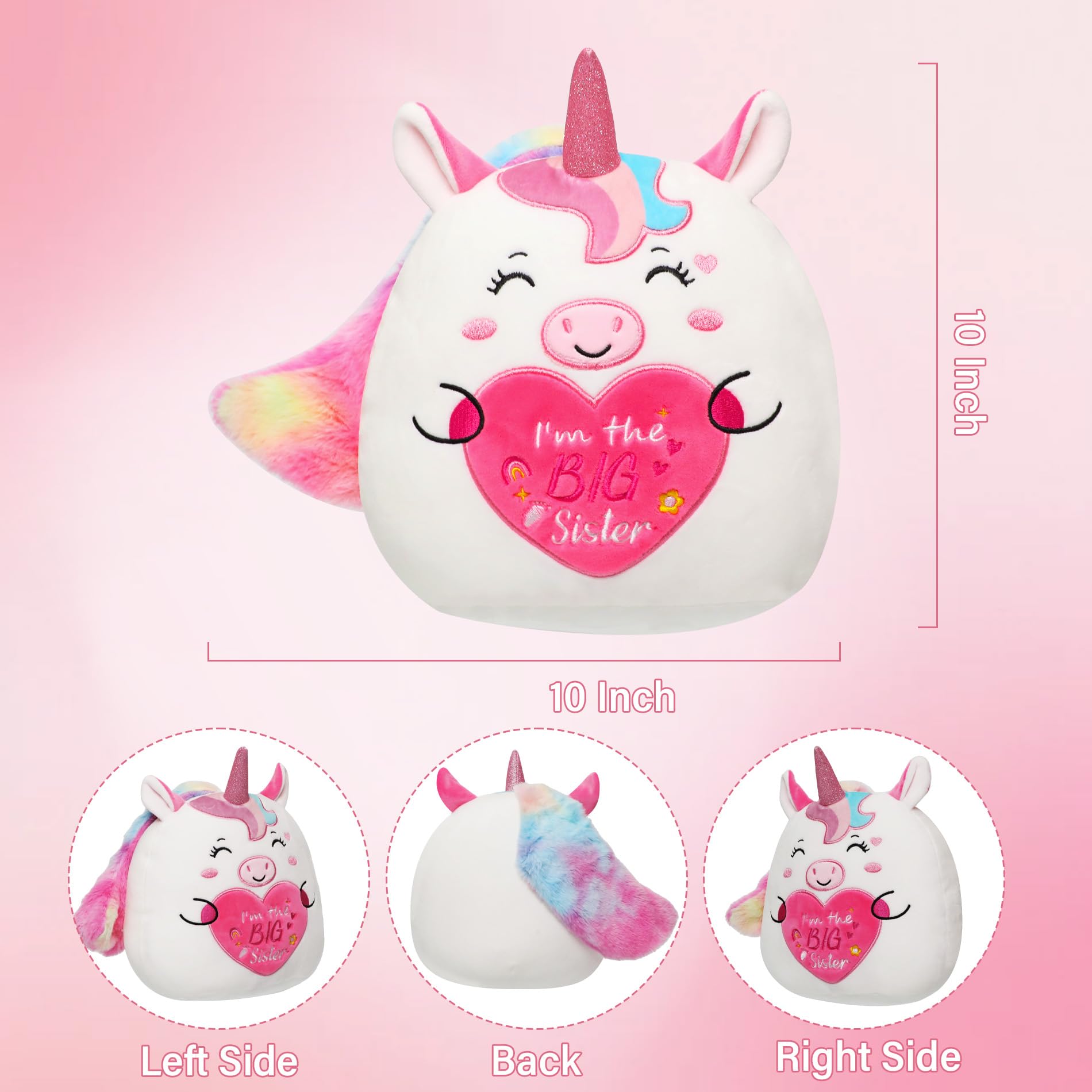 NIUBEHOHO 10 Inch Pink Unicorn Plush – Big Sister Gift with Rainbow Glitter Horn and “I'm the BIG Sister” Embroidery