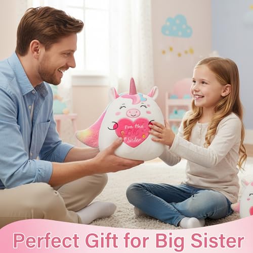 NIUBEHOHO 10 Inch Pink Unicorn Plush – Big Sister Gift with Rainbow Glitter Horn and “I'm the BIG Sister” Embroidery