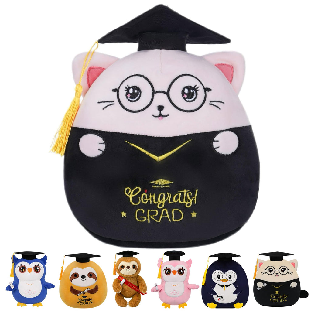 NIUBEHOHO Pink Graduation Cat Plush - 8-Inch Stuffed Animal with Cap, Gown & 'Congrats GRAD' Embroidery