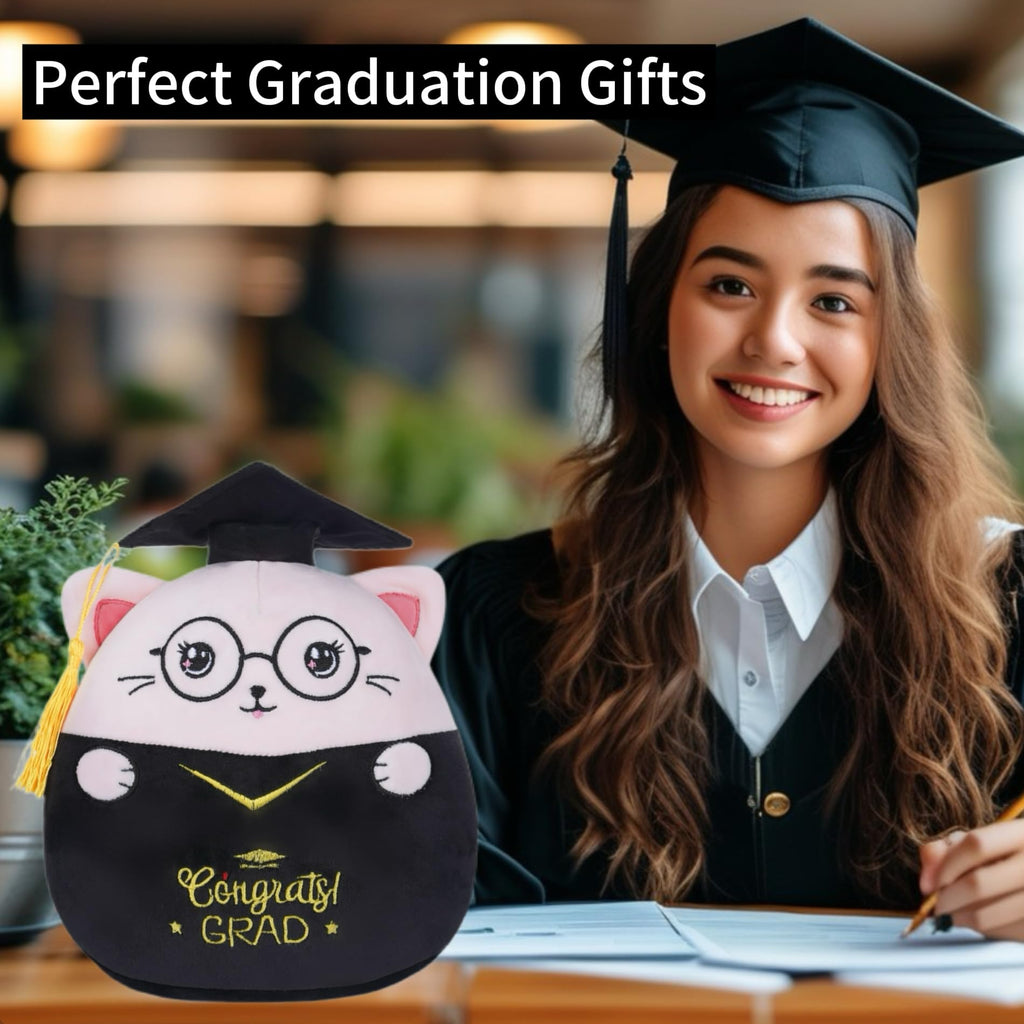 NIUBEHOHO Pink Graduation Cat Plush - 8-Inch Stuffed Animal with Cap, Gown & 'Congrats GRAD' Embroidery