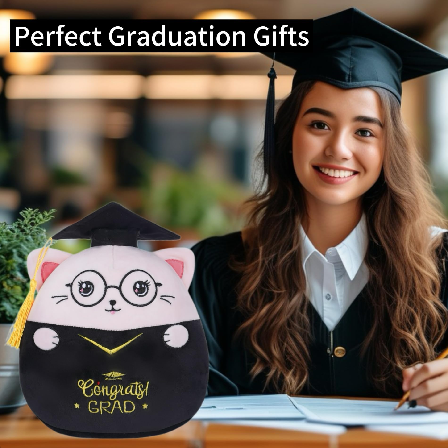 NIUBEHOHO Pink Graduation Cat Plush - 8-Inch Stuffed Animal with Cap, Gown & 'Congrats GRAD' Embroidery