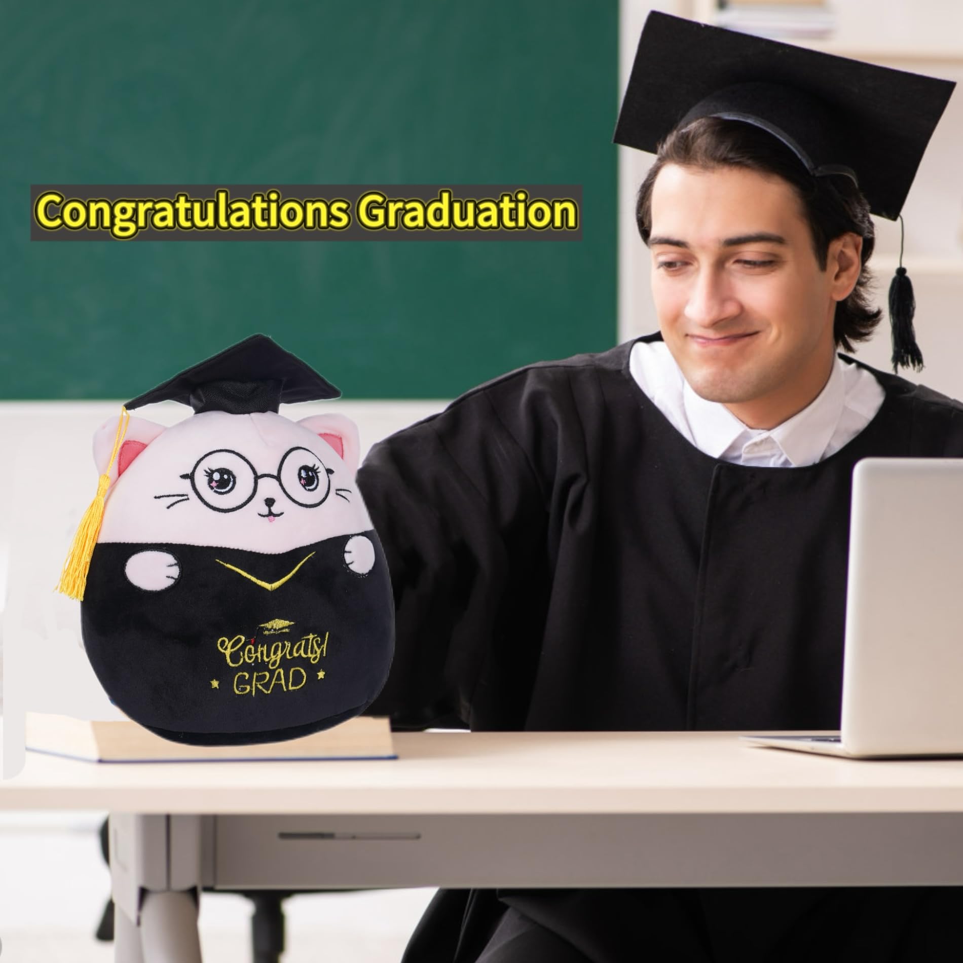 NIUBEHOHO Pink Graduation Cat Plush - 8-Inch Stuffed Animal with Cap, Gown & 'Congrats GRAD' Embroidery