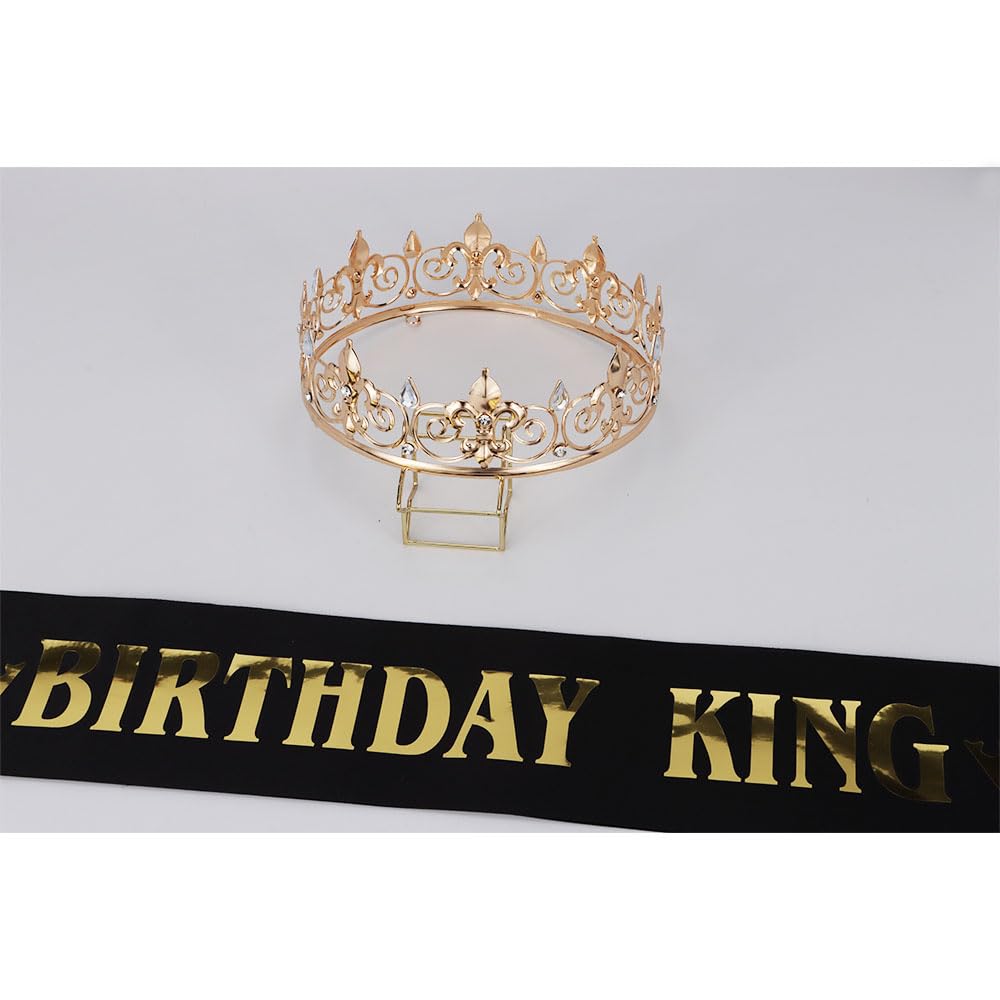 Noonhorse Birthday King Crown & Tiara Set with Sash – Gold with Black Rhinestones, Adjustable, 2 Pack
