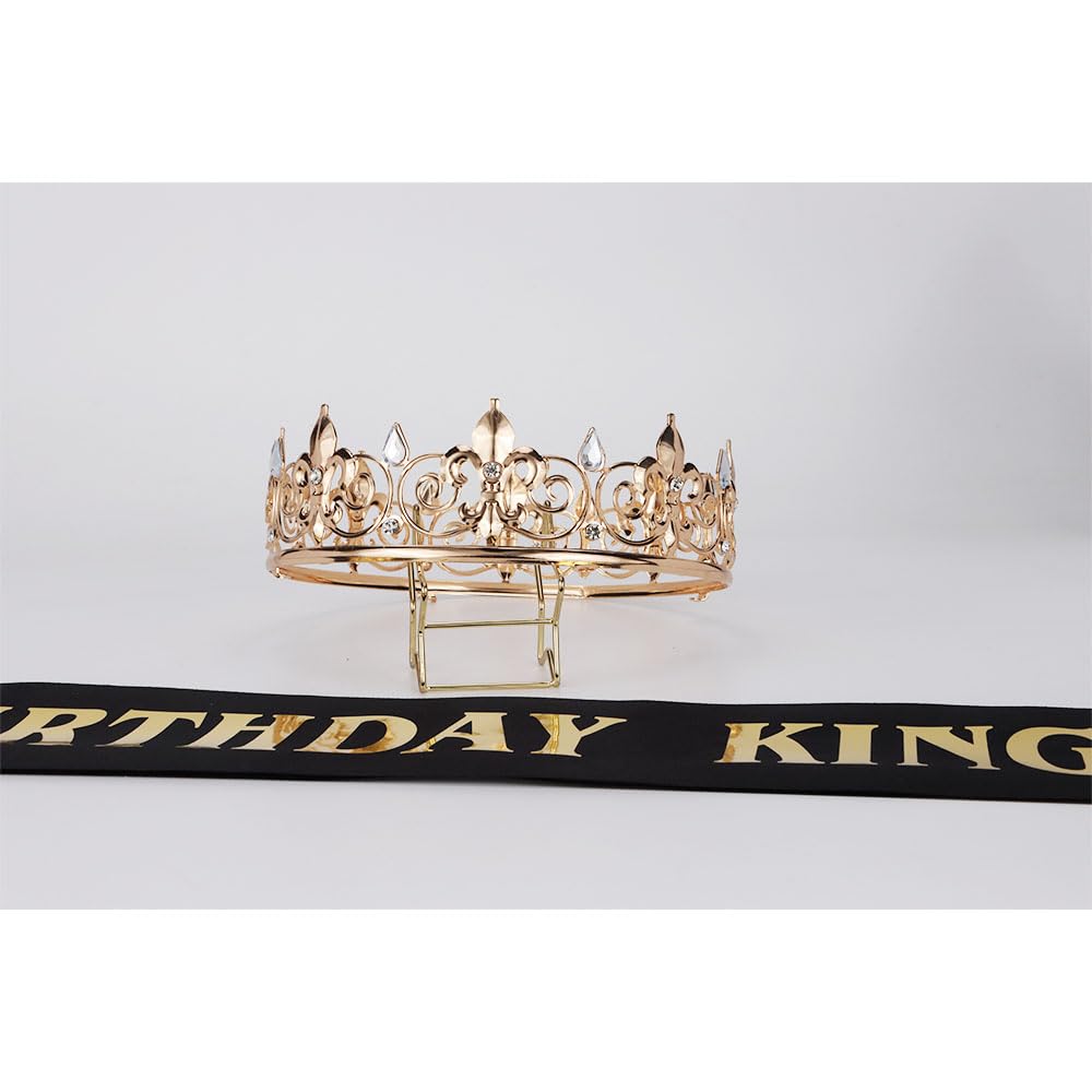 Noonhorse Birthday King Crown & Tiara Set with Sash – Gold with Black Rhinestones, Adjustable, 2 Pack