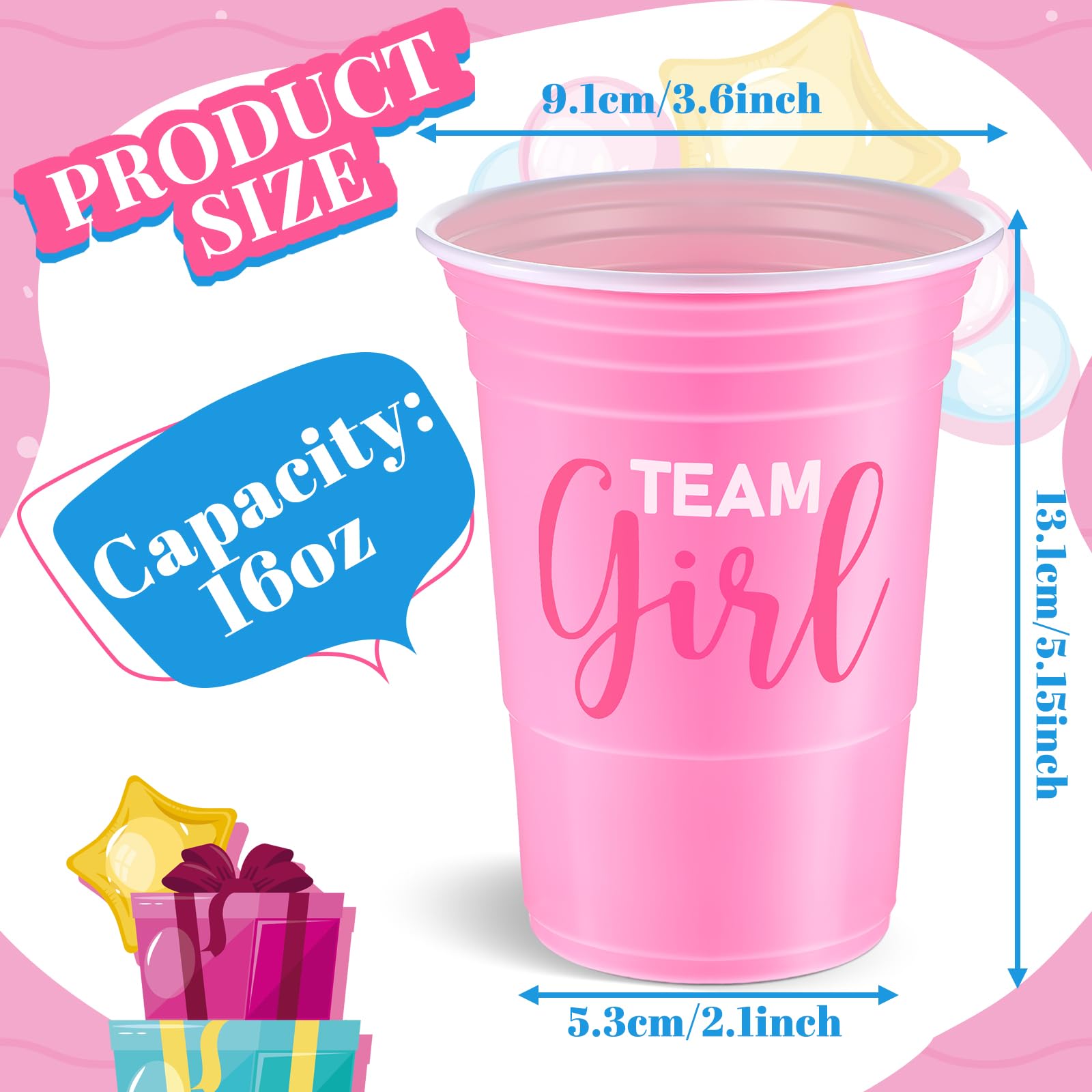 Norme 30-Pack Gender Reveal Cups – 16 oz Blue & Pink Disposable Party Cups with Team Boy/Girl Prints