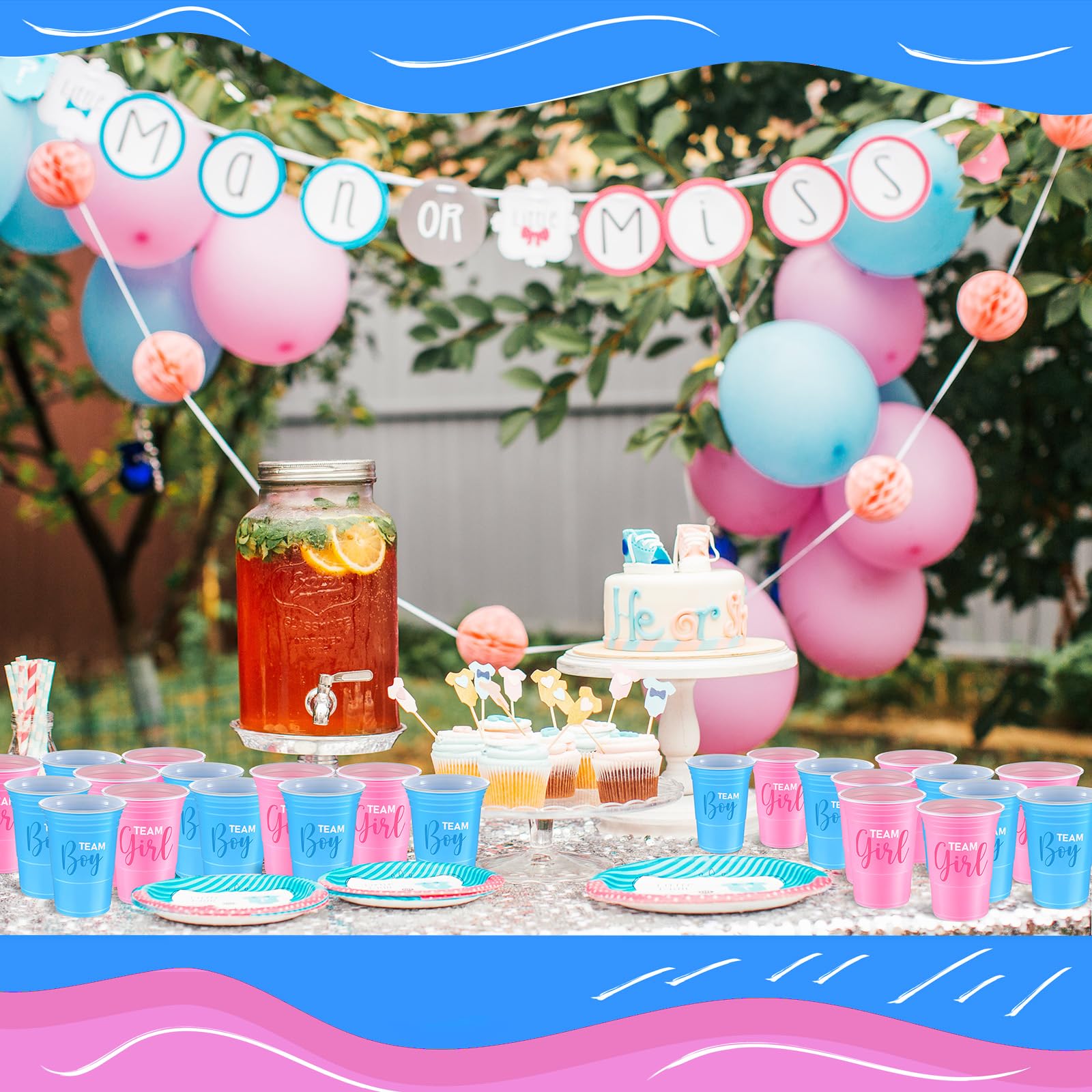 Norme 30-Pack Gender Reveal Cups – 16 oz Blue & Pink Disposable Party Cups with Team Boy/Girl Prints