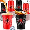 Norme 48-Pack Spider Web Party Cups - 16 oz Disposable Cups for Birthday Parties, Black and Red