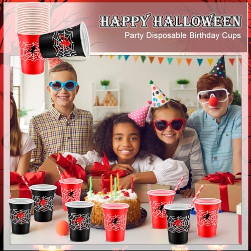 Norme 48-Pack Spider Web Party Cups - 16 oz Disposable Cups for Birthday Parties, Black and Red