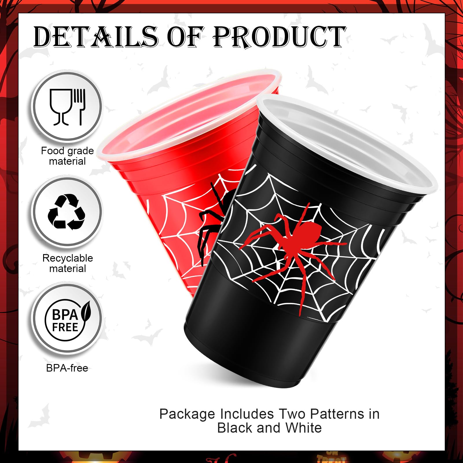 Norme 48-Pack Spider Web Party Cups - 16 oz Disposable Cups for Birthday Parties, Black and Red
