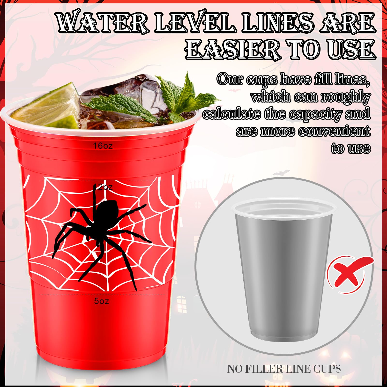 Norme 48-Pack Spider Web Party Cups - 16 oz Disposable Cups for Birthday Parties, Black and Red