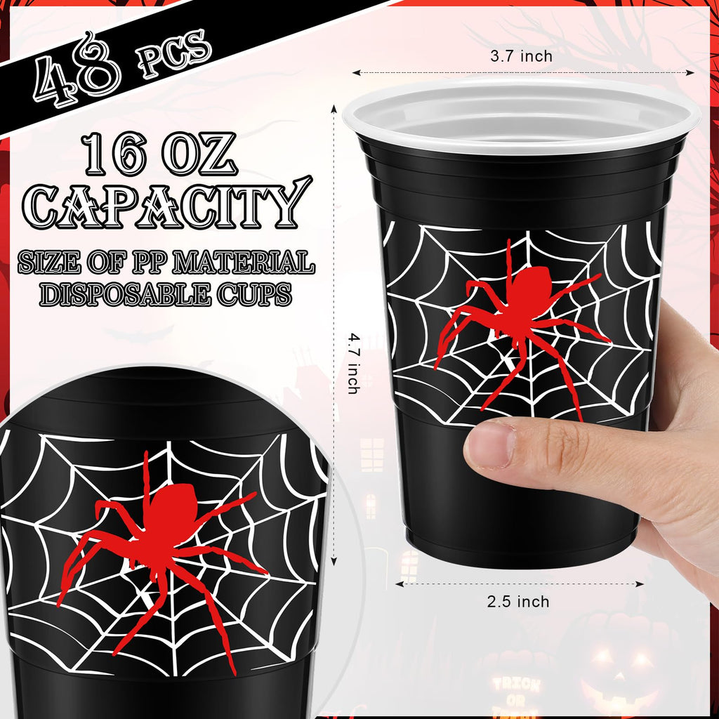 Norme 48-Pack Spider Web Party Cups - 16 oz Disposable Cups for Birthday Parties, Black and Red