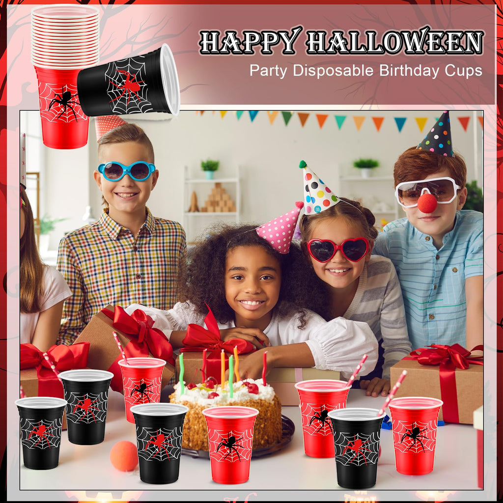 Norme 48-Pack Spider Web Party Cups - 16 oz Disposable Cups for Birthday Parties, Black and Red