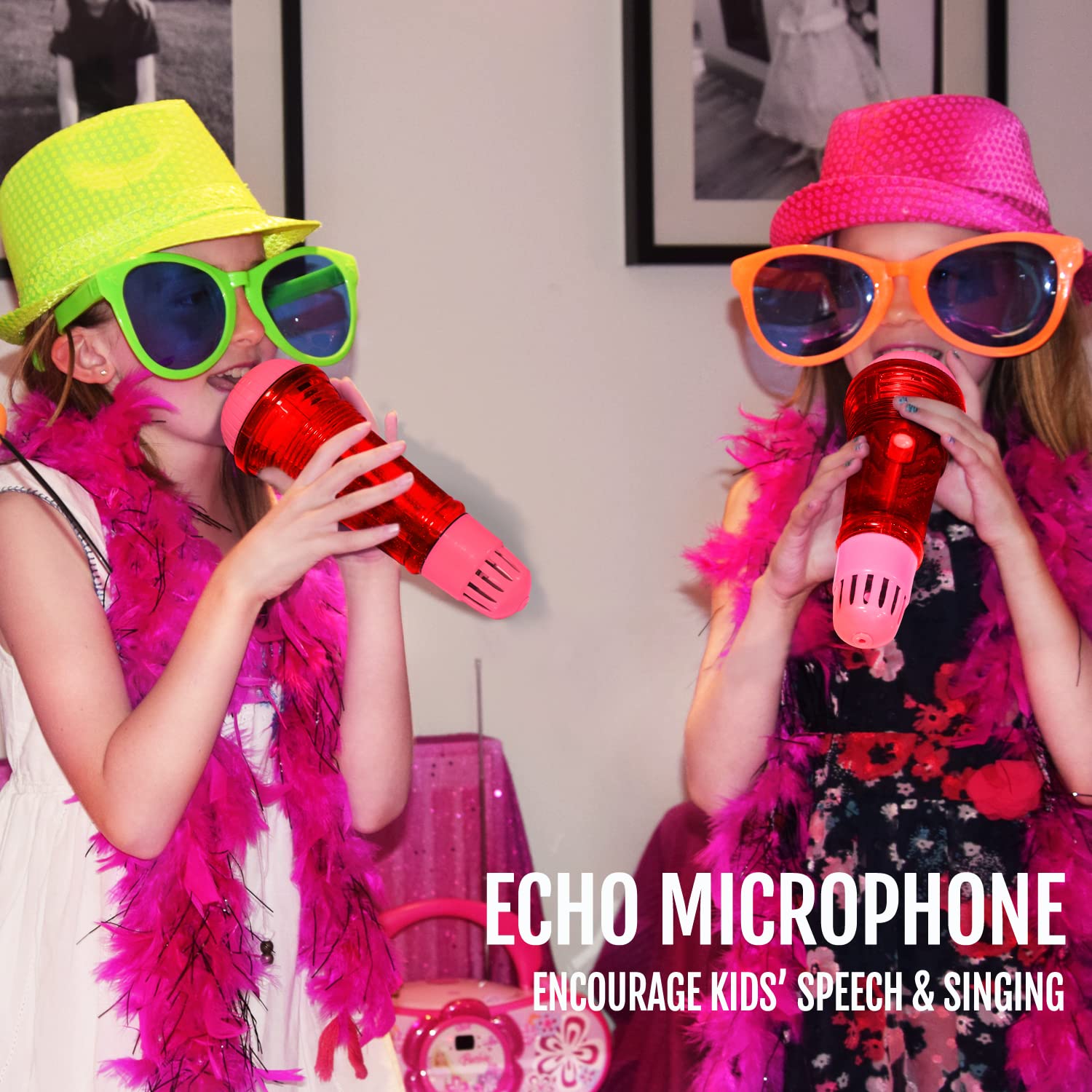 Novelty Place Echo Mic - Battery-Free Retro Toy Microphone for Kids (Red & Pink)