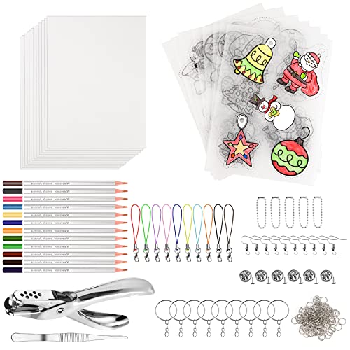 NOVWANG 198-Piece Heat Shrink Plastic Sheet Kit with 28 Shrinky Papers, Hole Punch, Keychain Accessories, and Colored Pencils