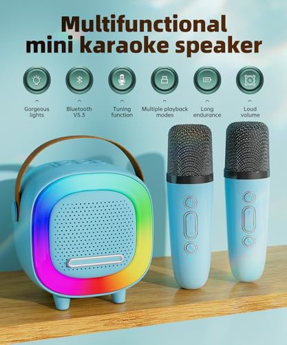 NTEEWAHY Mini Karaoke Machine with Wireless Microphone, Bluetooth 5.3 Speaker for Kids & Adults, Portable with Colorful Lights & 5 Voice Effects, Blue