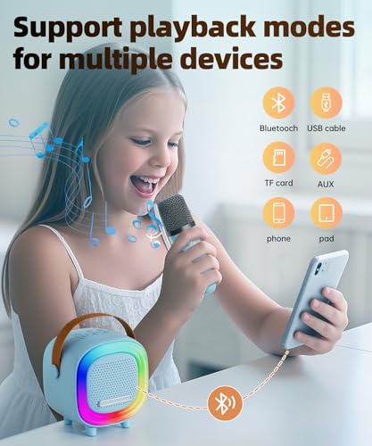 NTEEWAHY Mini Karaoke Machine with Wireless Microphone, Bluetooth 5.3 Speaker for Kids & Adults, Portable with Colorful Lights & 5 Voice Effects, Blue