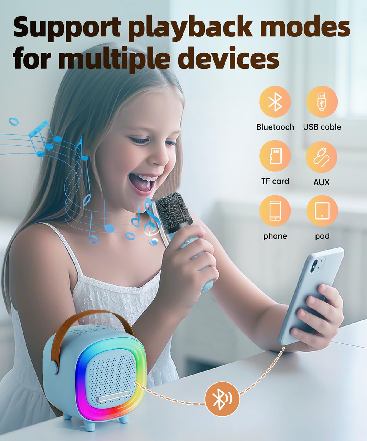 NTEEWAHY Mini Karaoke Machine with Wireless Microphone, Bluetooth 5.3 Speaker for Kids & Adults, Portable with Colorful Lights & 5 Voice Effects, Blue
