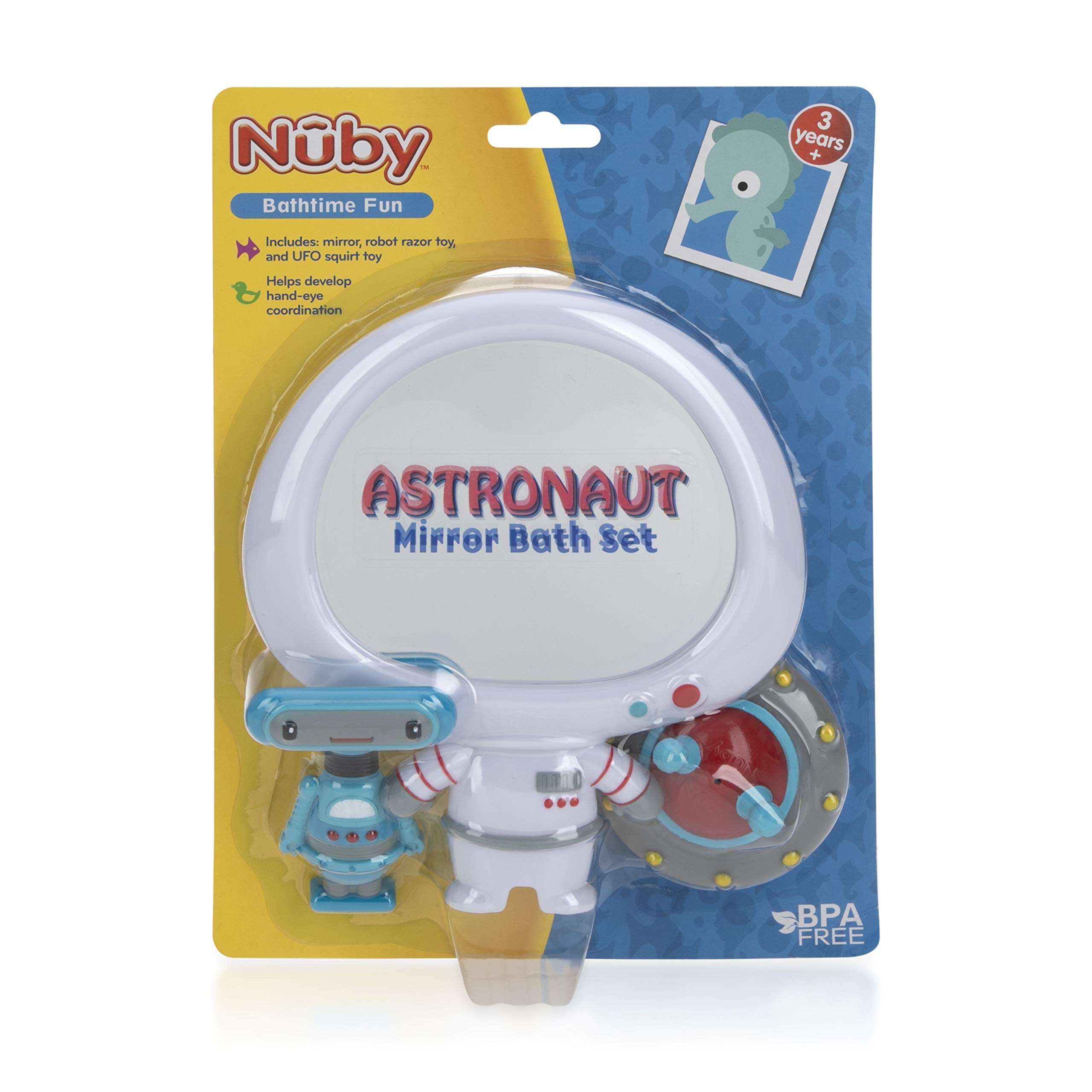 Nuby Astronaut Mirror Bath Toy Set – 3-Piece Interactive Baby Bathtub Toy for Toddlers 3+