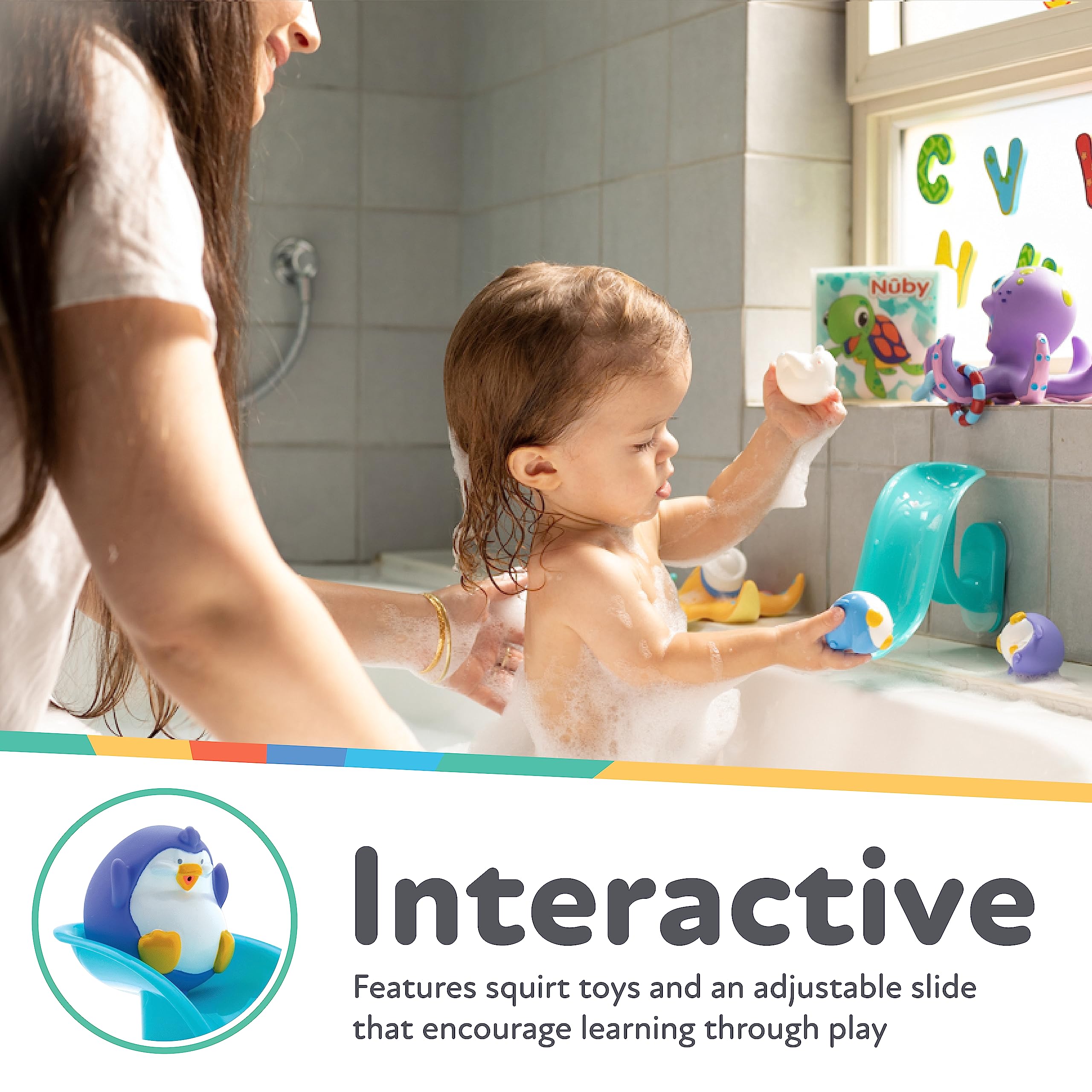 Nuby Penguin Slide Bath Toy Play Set with 4 Squirters – Interactive Bath Time Fun for Toddlers 12+ Months
