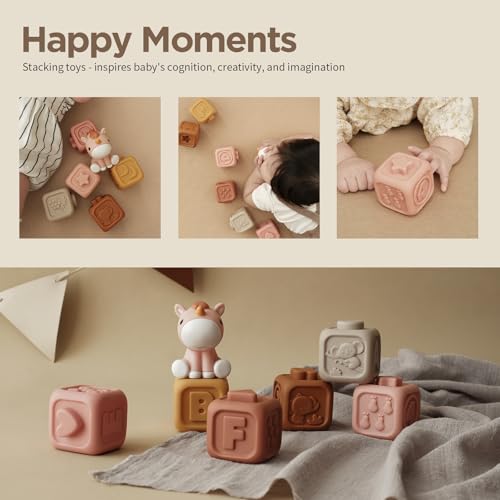 Nueplay 7-Piece Soft Unicorn Building Blocks for Baby Girls 6-12 Months - Montessori Sensory Stacking Toy with Embossed Patterns