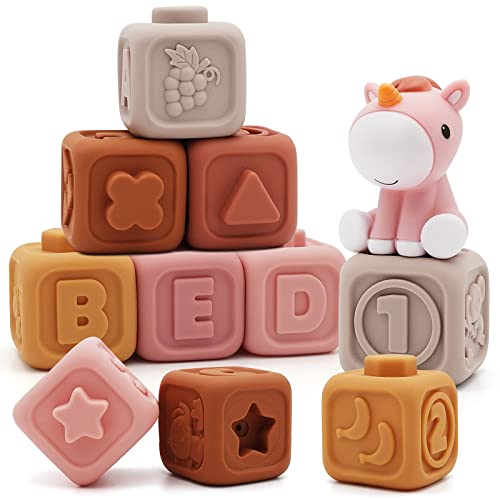 Nueplay 7-Piece Soft Unicorn Building Blocks for Baby Girls 6-12 Months - Montessori Sensory Stacking Toy with Embossed Patterns