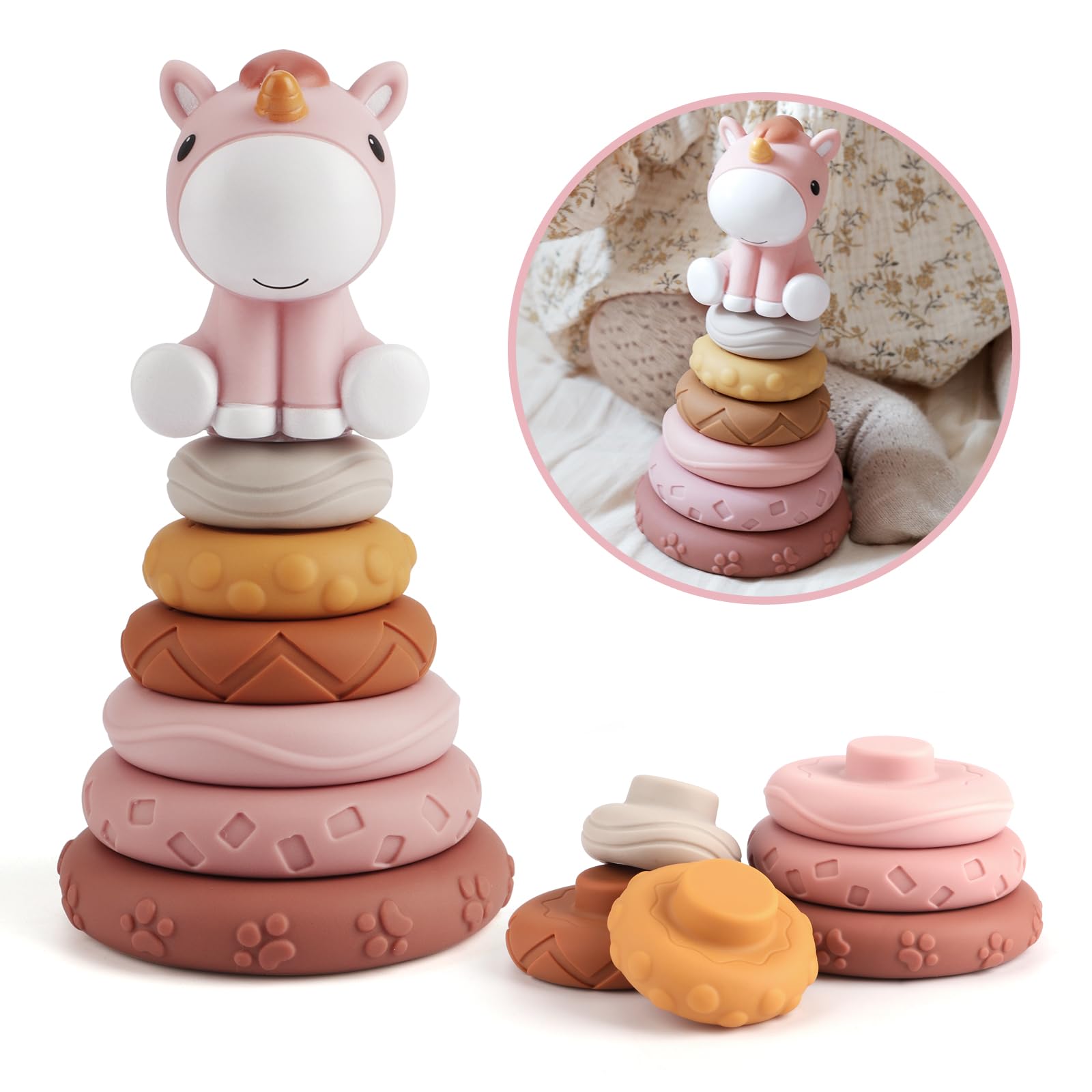 Nueplay Stacking Rings for Baby Girls – 6 Textured Sensory Rings with Unicorn Topper, Squeaky Stacker Toy, Pastel Colors, Gift for 1 Year Old