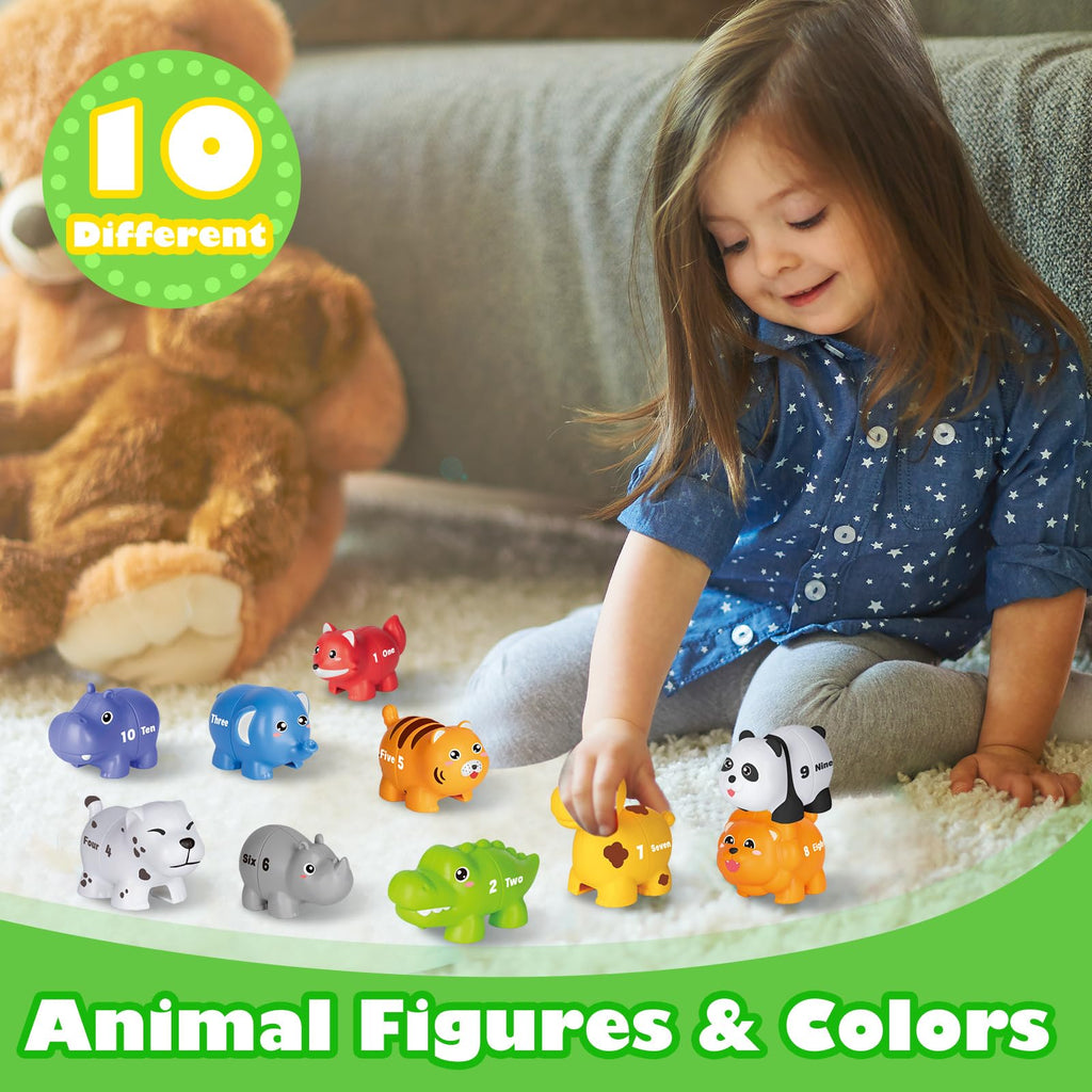 Number Matching Game for Toddlers 2-4, 20 Pieces with 10 Animal Figures, Double-Sided Numbers & Words, Montessori Toy