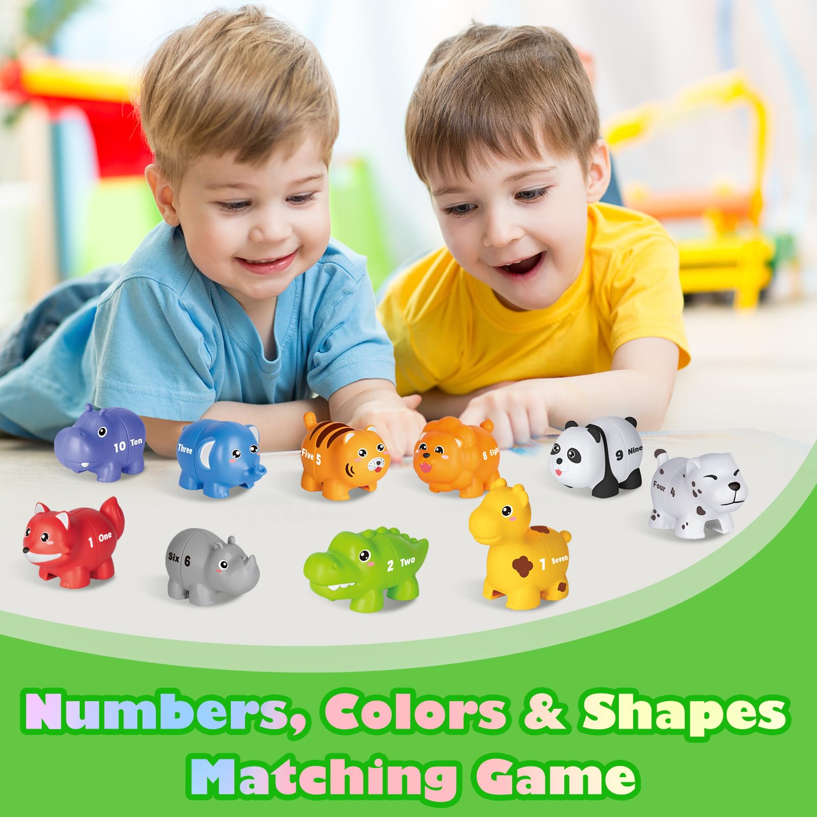 Number Matching Game for Toddlers 2-4, 20 Pieces with 10 Animal Figures, Double-Sided Numbers & Words, Montessori Toy