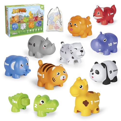 Number Matching Game for Toddlers 2-4, 20 Pieces with 10 Animal Figures, Double-Sided Numbers & Words, Montessori Toy