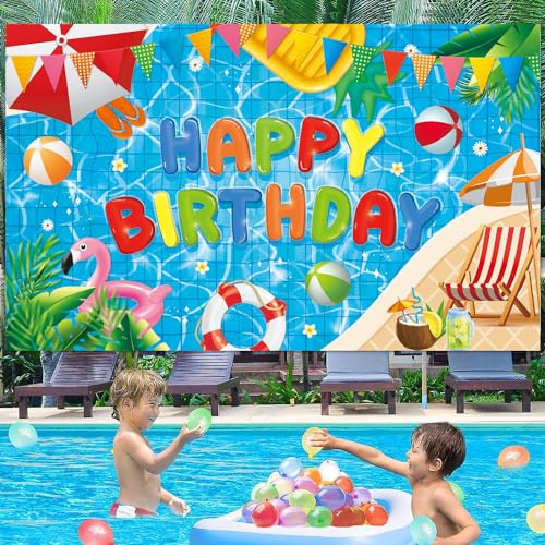 NUTTYBASH Pool Party Birthday Decorations - 72x44 Inch Backdrop Banner for Summer Hawaiian Theme Parties