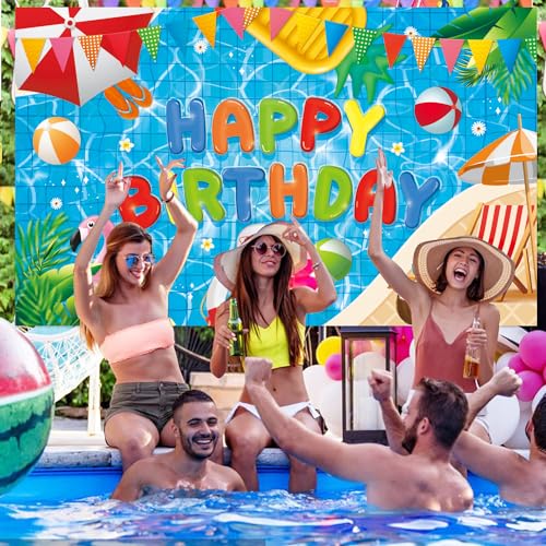 NUTTYBASH Pool Party Birthday Decorations - 72x44 Inch Backdrop Banner for Summer Hawaiian Theme Parties