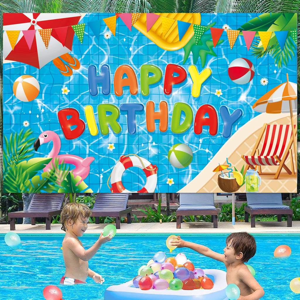 NUTTYBASH Pool Party Birthday Decorations - 72x44 Inch Backdrop Banner for Summer Hawaiian Theme Parties
