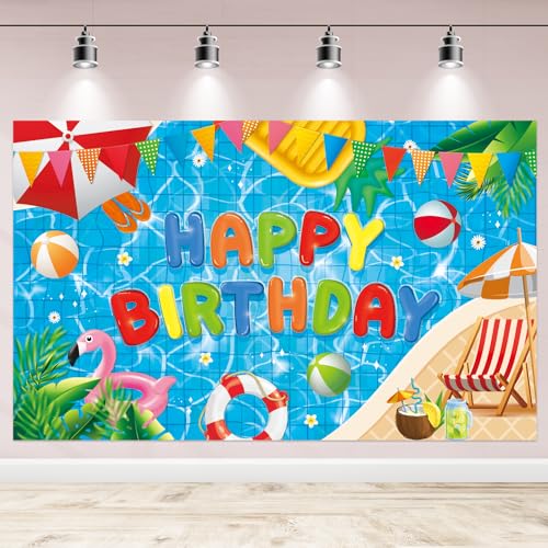 NUTTYBASH Pool Party Birthday Decorations - 72x44 Inch Backdrop Banner for Summer Hawaiian Theme Parties