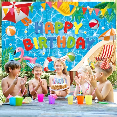 NUTTYBASH Pool Party Birthday Decorations - 72x44 Inch Backdrop Banner for Summer Hawaiian Theme Parties