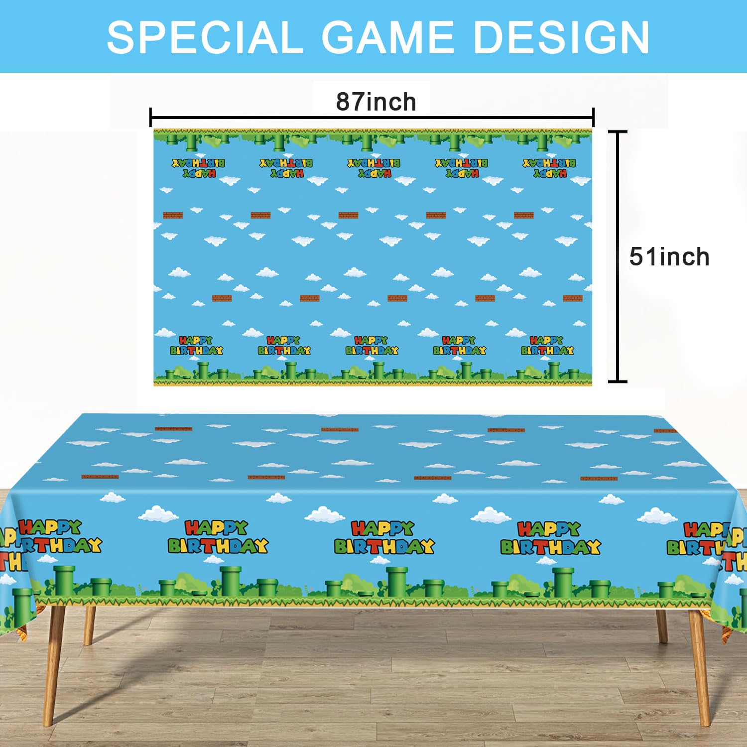 Nyhpar 3-Pack Video Game Tablecloths – Plastic Disposable Table Cover for Game Theme Birthday Party Decorations, 86.6 x 51.2 in