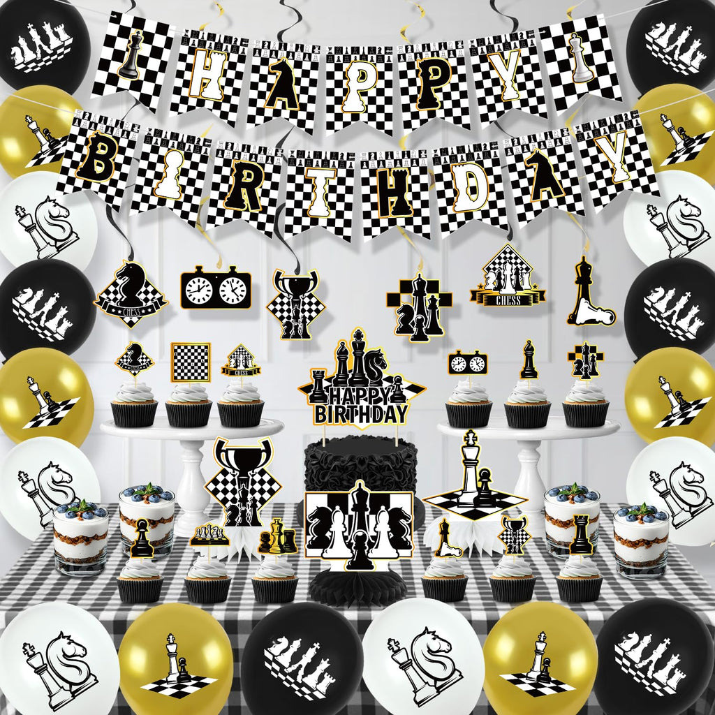 Obussgar Chess Birthday Party Decoration Set – 41 Pieces Including Banner, Balloons, Cake Toppers & More